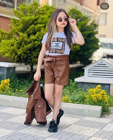 Kız çocuk deri şortlu takım