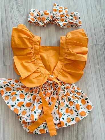 9 Ay Beden turuncu Renk Bebek tulum ve bandana