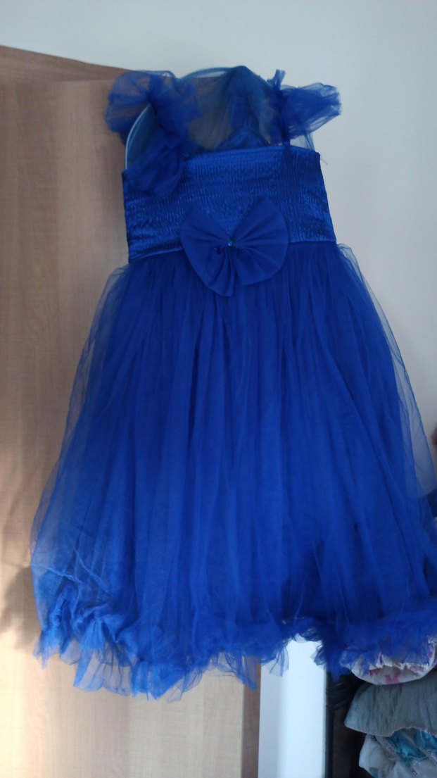 Mavi Parlak Straplez Kız Elbisesi - Görsel 4