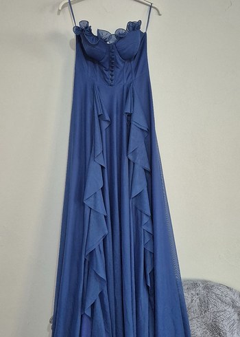 Navy Straplez Uzun Keten Elbise - Görsel 3