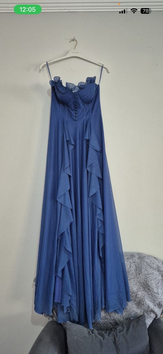 Navy Straplez Uzun Keten Elbise - Görsel 4