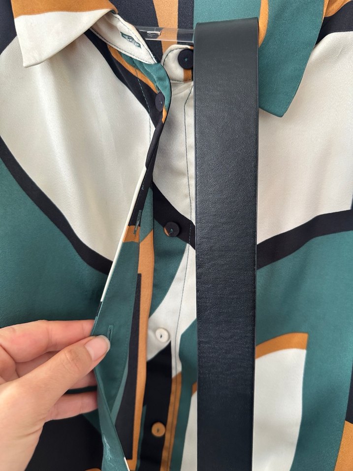 Desenli Uzun Kadın Elbise, Kemerli, V Yaka - Görsel 3