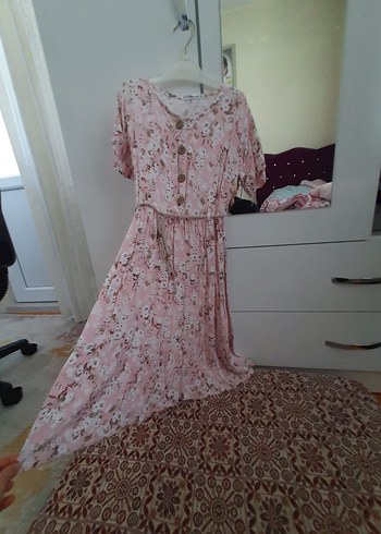 Düğmeli Pembe Bohem yazlık tarz Elbise - Görsel 5