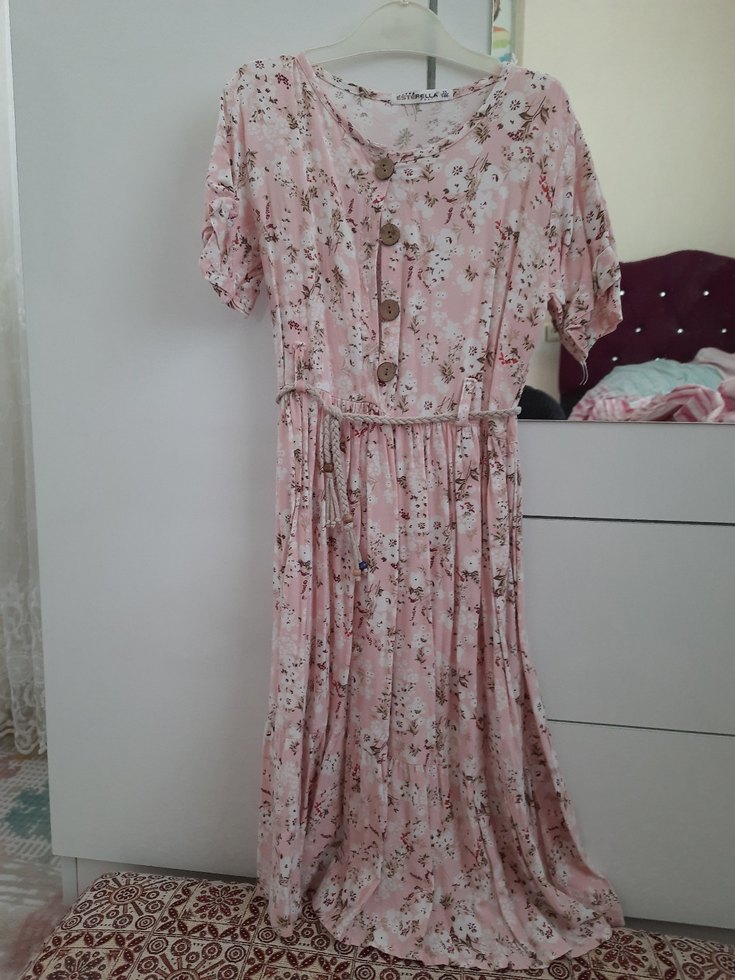 Düğmeli Pembe Bohem  yazlık tarz  Elbise - Görsel 2