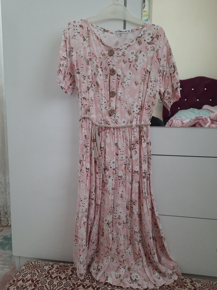 Düğmeli Pembe Bohem  yazlık tarz  Elbise - Görsel 3