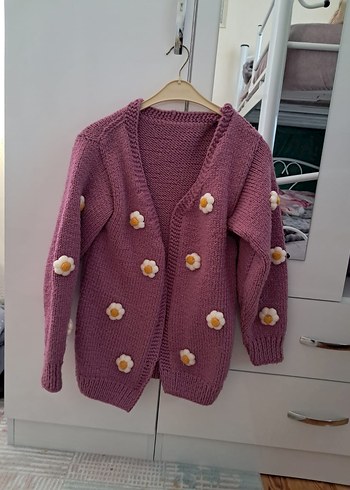 Pembe Örgü Kadın Hırka, Uzun Kollu, Midi Boy - Görsel 3