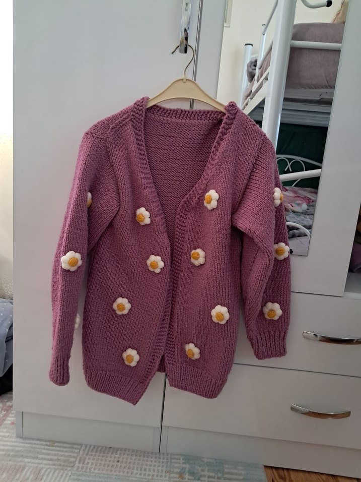 Pembe Örgü Kadın Hırka, Uzun Kollu, Midi Boy - Görsel 3