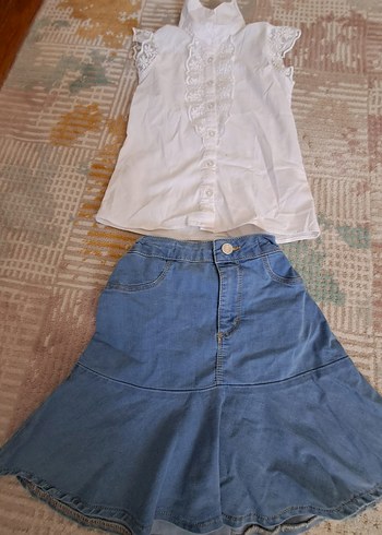 Beyaz Düğmeli Kız Denim Etek ve gömlek ikili takım - Görsel 2