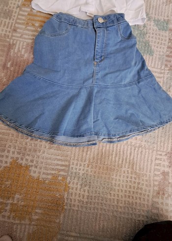 Beyaz Düğmeli Kız Denim Etek ve gömlek ikili takım - Görsel 3