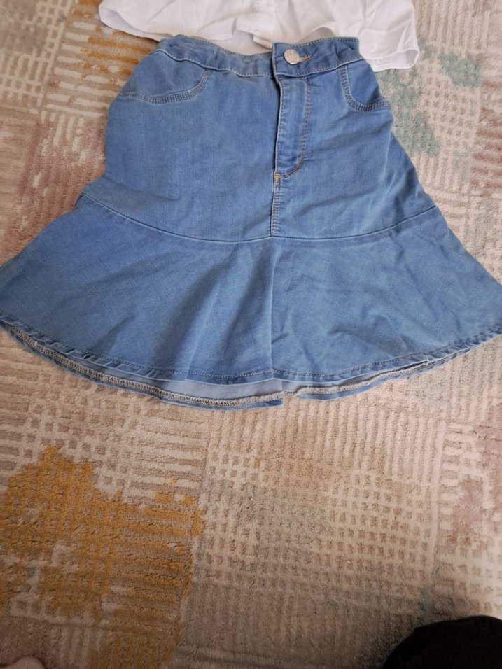 Beyaz Düğmeli Kız Denim Etek ve gömlek ikili takım - Görsel 4