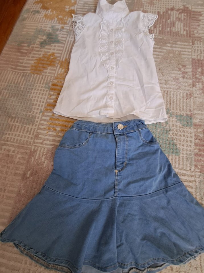 Beyaz Düğmeli Kız Denim Etek ve gömlek ikili takım - Görsel 2