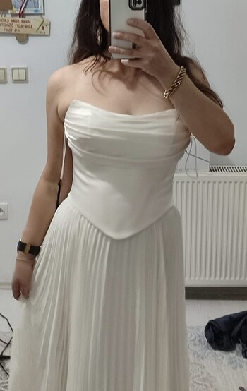 Beyaz straplez drapeli eteği piliseli nikah nişan elbise - Görsel 5