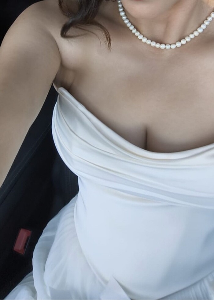 Beyaz straplez drapeli  eteği piliseli nikah nişan elbise - Görsel 4