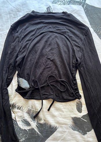 Siyah Kadın Keten Uzun Kollu Tişört - Görsel 2