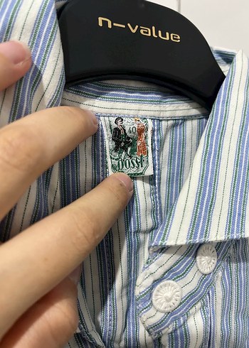 Mavi çizgili uzun kollu pamuklu gömlek - Görsel 5