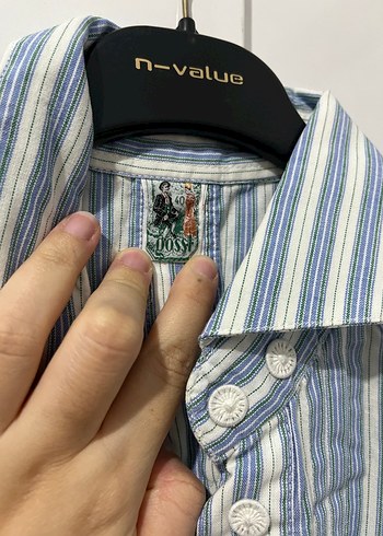 Mavi çizgili uzun kollu pamuklu gömlek - Görsel 7