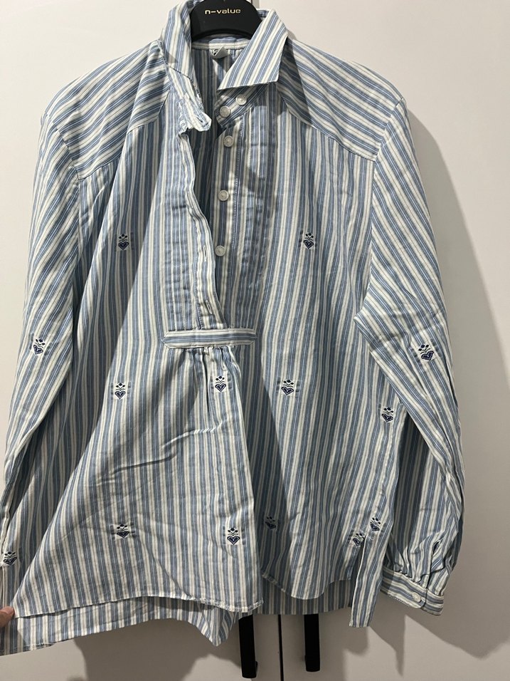 Mavi çizgili uzun kollu pamuklu gömlek - Görsel 4