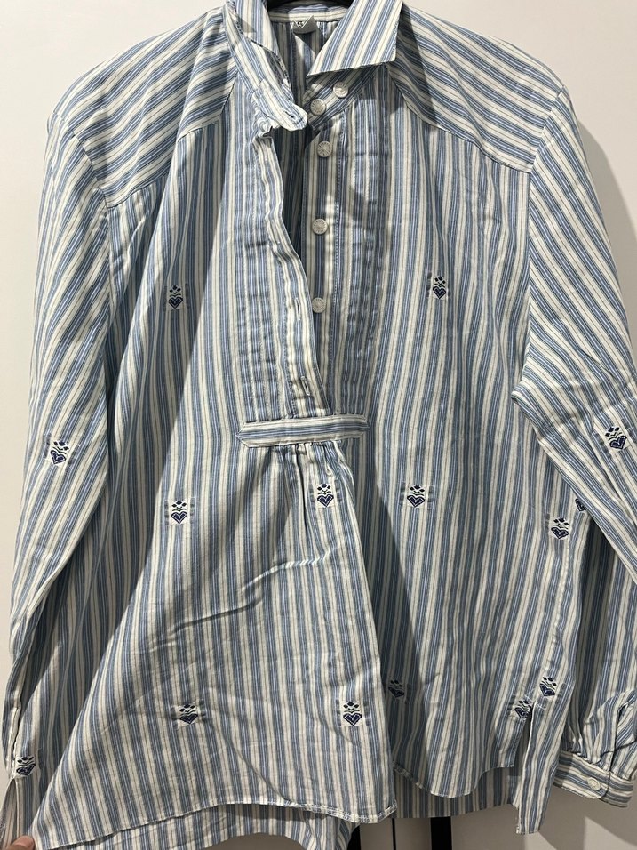 Mavi çizgili uzun kollu pamuklu gömlek - Görsel 3