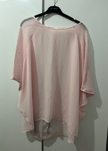 Pembe Drapeli Kadın Bluz, Kısa Kollu, Rahat Kesim - Görsel 2