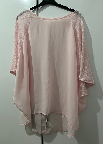 Pembe Drapeli Kadın Bluz, Kısa Kollu, Rahat Kesim - Görsel 4