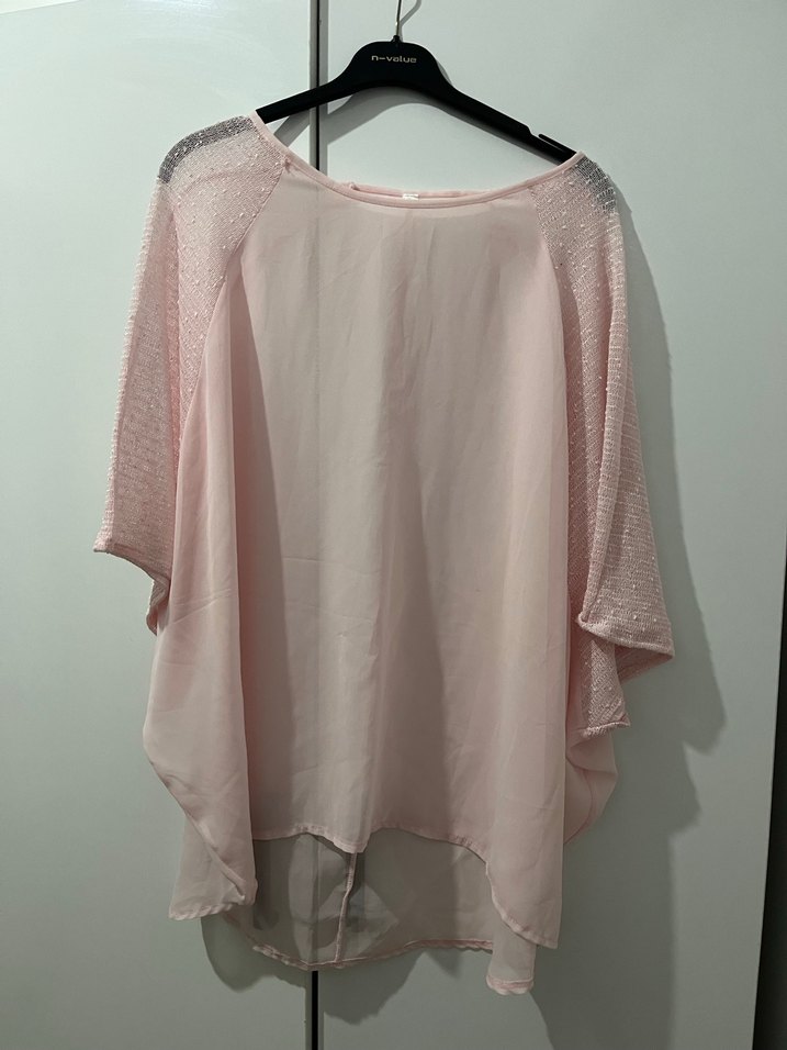 Pembe Drapeli Kadın Bluz, Kısa Kollu, Rahat Kesim - Görsel 2