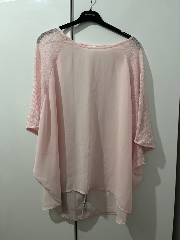 Pembe Drapeli Kadın Bluz, Kısa Kollu, Rahat Kesim - Görsel 3