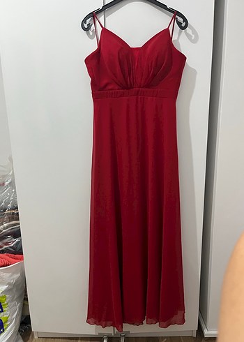 Drapeli Kırmızı Uzun Abiye Elbise - Görsel 5