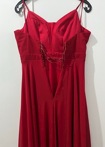 Drapeli Kırmızı Uzun Abiye Elbise - Görsel 6