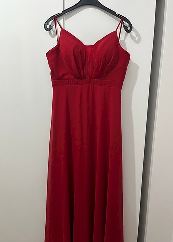 Drapeli Kırmızı Uzun Abiye Elbise - Görsel 3