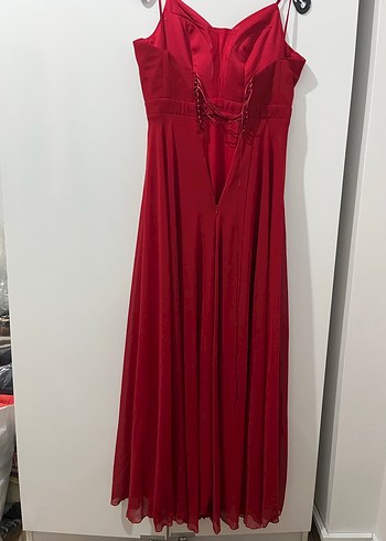 Drapeli Kırmızı Uzun Abiye Elbise - Görsel 8