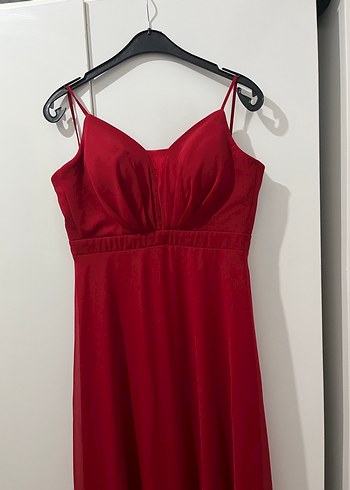 Drapeli Kırmızı Uzun Abiye Elbise - Görsel 4