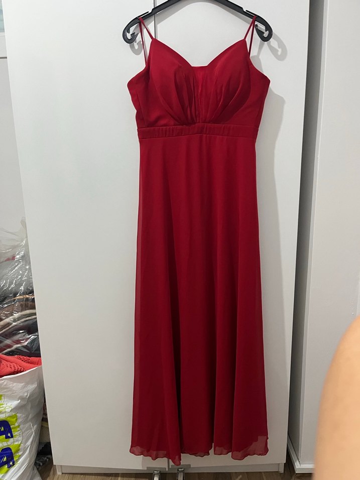 Drapeli Kırmızı Uzun Abiye Elbise - Görsel 5