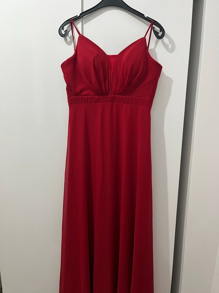 Drapeli Kırmızı Uzun Abiye Elbise - Görsel 3