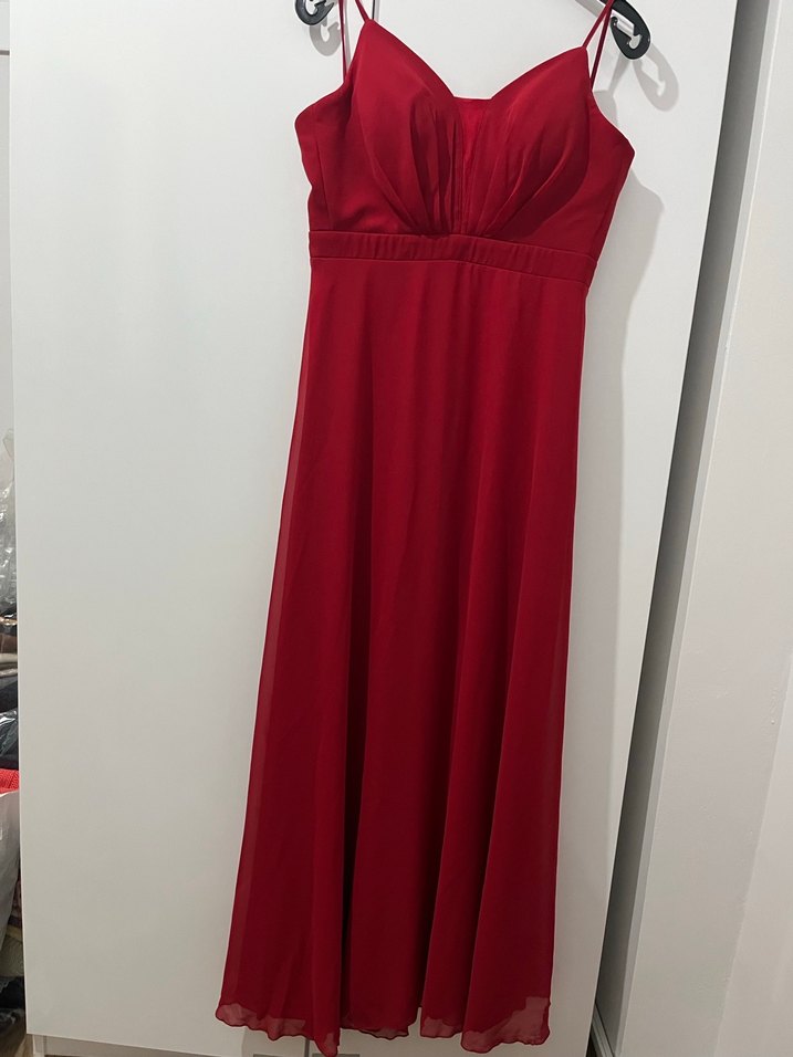 Drapeli Kırmızı Uzun Abiye Elbise - Görsel 2