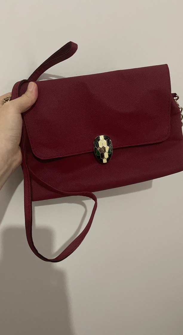 Bordo Deri Kadın Çanta Yılan Desenli Tokalı - Görsel 2