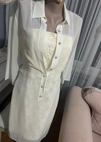 Dantel Detaylı ince askılı tül detaylı ekru elbise - Görsel 3