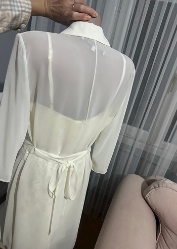 Dantel Detaylı ince askılı tül detaylı ekru elbise - Görsel 6