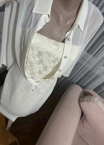 Dantel Detaylı ince askılı tül detaylı ekru elbise - Görsel 10