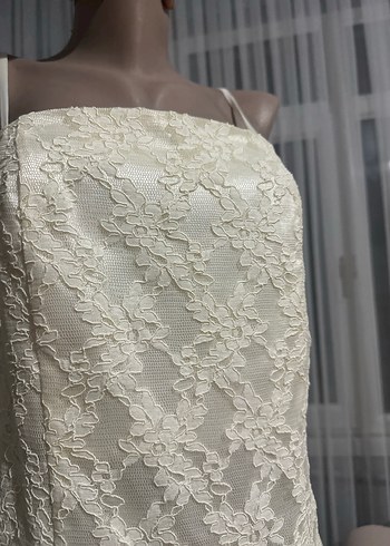Dantel Detaylı ince askılı tül detaylı ekru elbise - Görsel 7