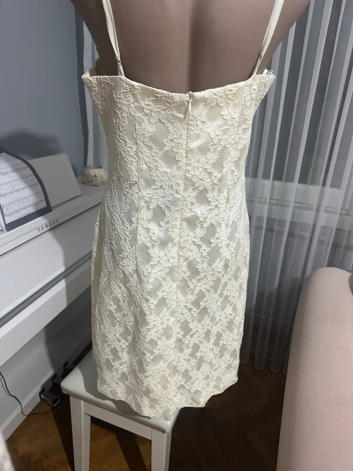 Dantel Detaylı ince askılı tül detaylı ekru elbise - Görsel 2