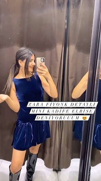 Zara Fiyonklu detaylı kadife mini elbise