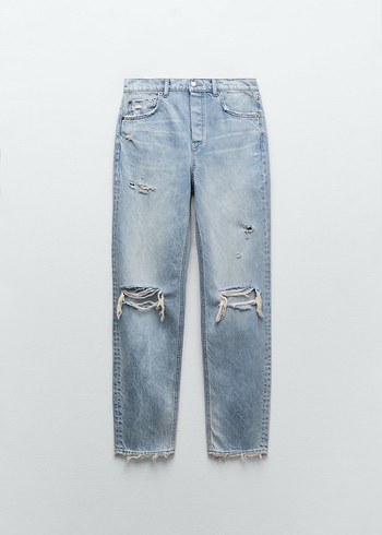 Kadın Mavi Denim Yırtık Midi Kot Pantolon