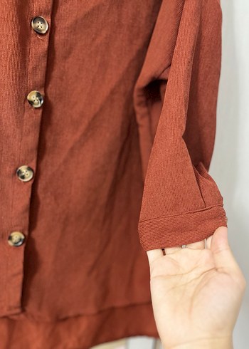 Kadın Kahverengi Keten Düğmeli Gömlek - Görsel 3