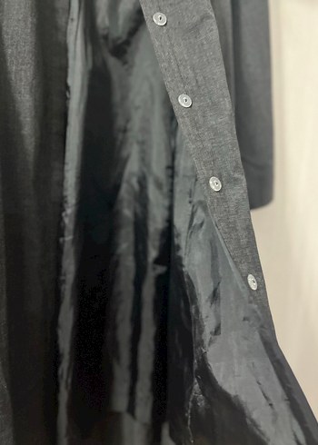 Siyah Uzun Keten Kadın Trençkot - Görsel 3