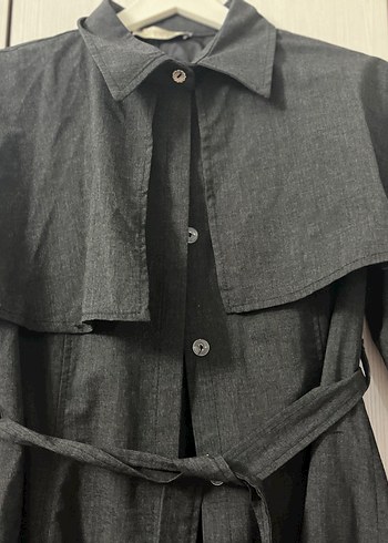 Siyah Uzun Keten Kadın Trençkot - Görsel 2