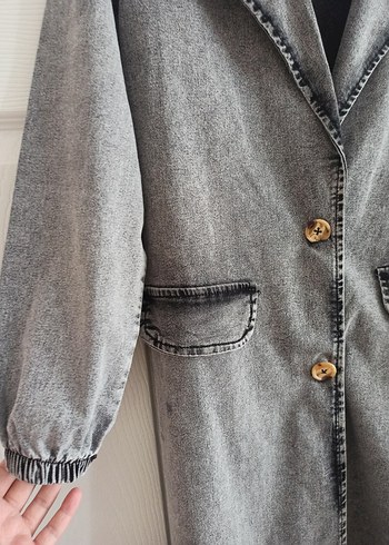 Koton Düğmeli Uzun Gri Denim Kadın Kaban