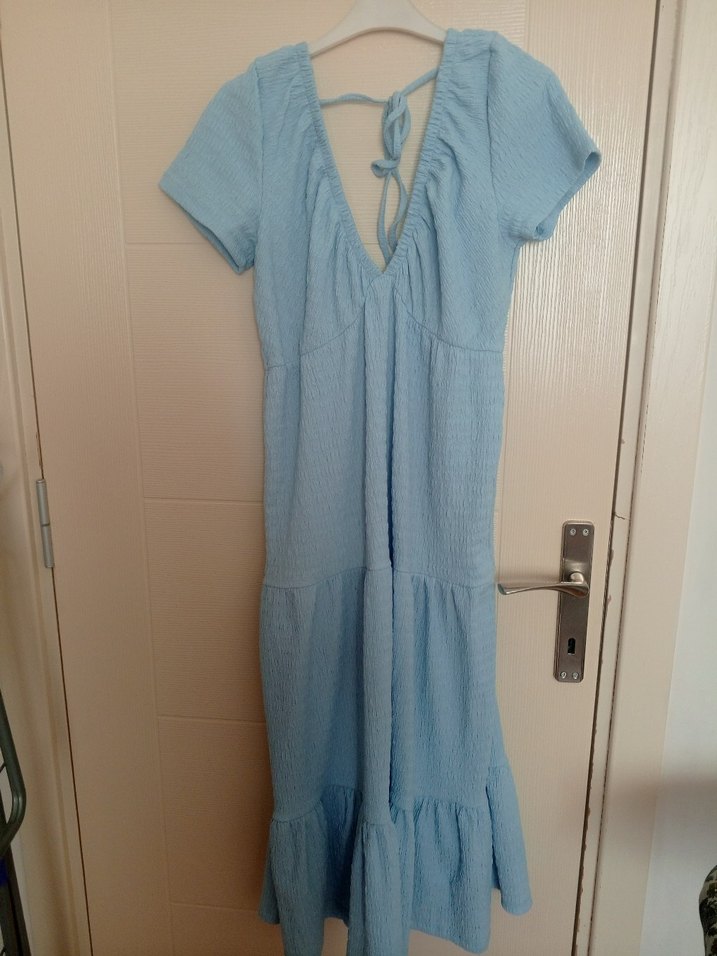 Mavi V Yaka Midi  Elbise - Görsel 4