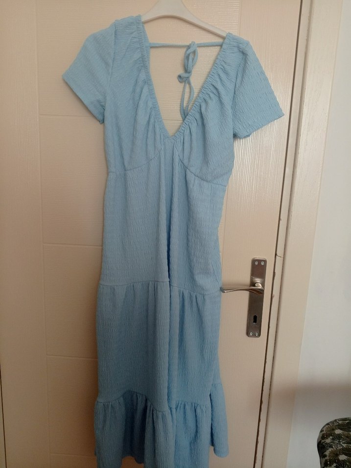 Mavi V Yaka Midi  Elbise - Görsel 3