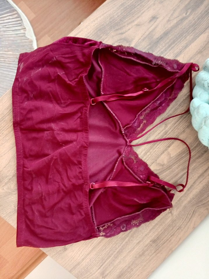 Bordo Kadın Dantel Detaylı kadife Bralet - Görsel 2