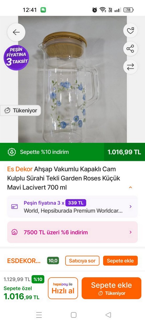 Mavi Çiçek Desenli Cam Sürahi - Görsel 4